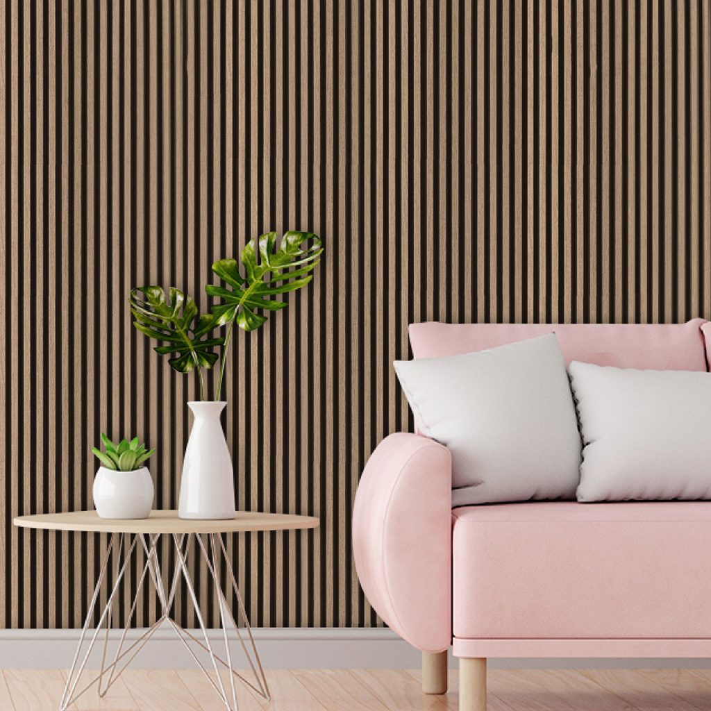 Medium Slats Polystyrene Wood Slat Walls and pink couch