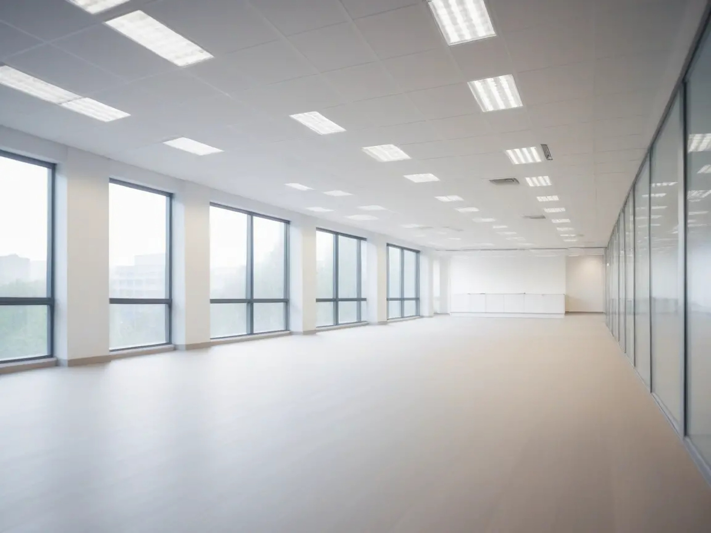 Empty modern office space with large windows on the left and glass-walled rooms on the right, no people present.