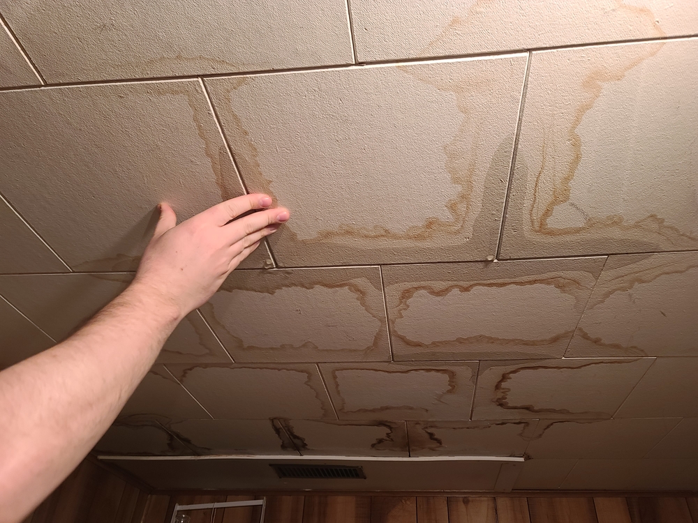 A,Hand,Pressing,Against,A,Nasty,Ceiling,With,Water,And Hand pressing on a water-damaged commercial ceiling tile showing signs of moisture intrusion and deterioration.